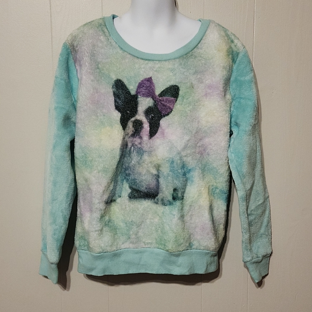Knitworks French Bulldog Sweatshirt Soft Faux Fur Blue Cozy Warm Large A774